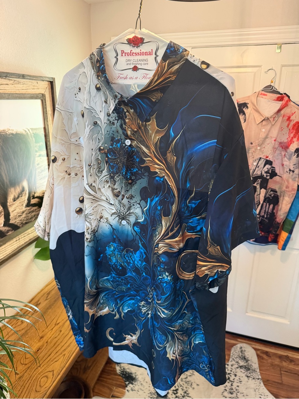 Men's Blue and Black Abstract Button-Up Shirt